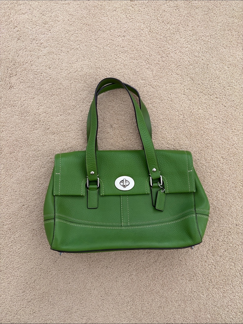 Coach Green Leather Shoulder Tote with Silver Turn-Lock